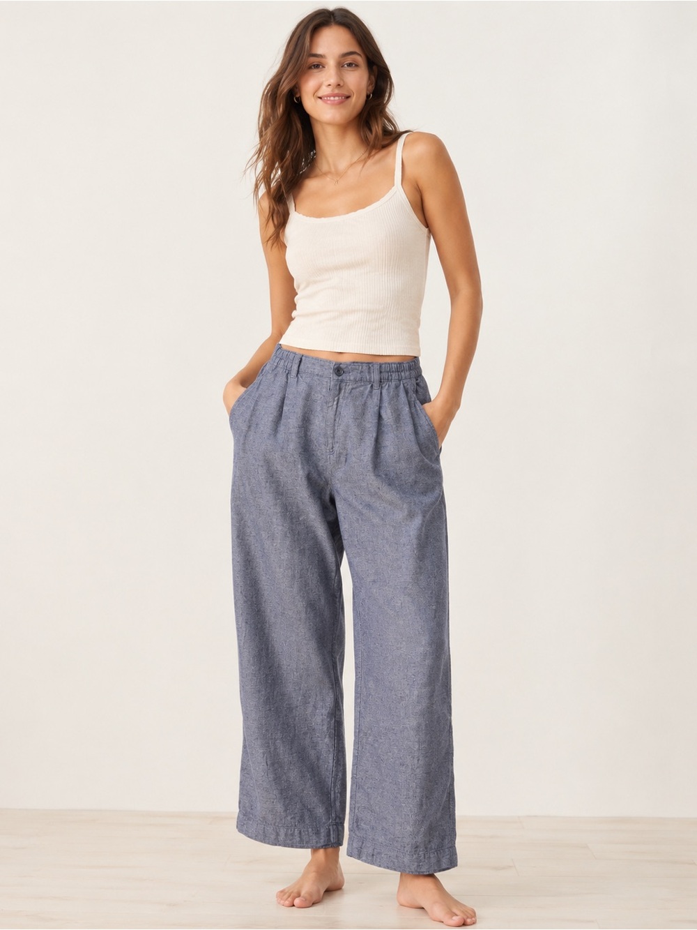 aerie Blue Wide-Leg Linen-Blend Pants M